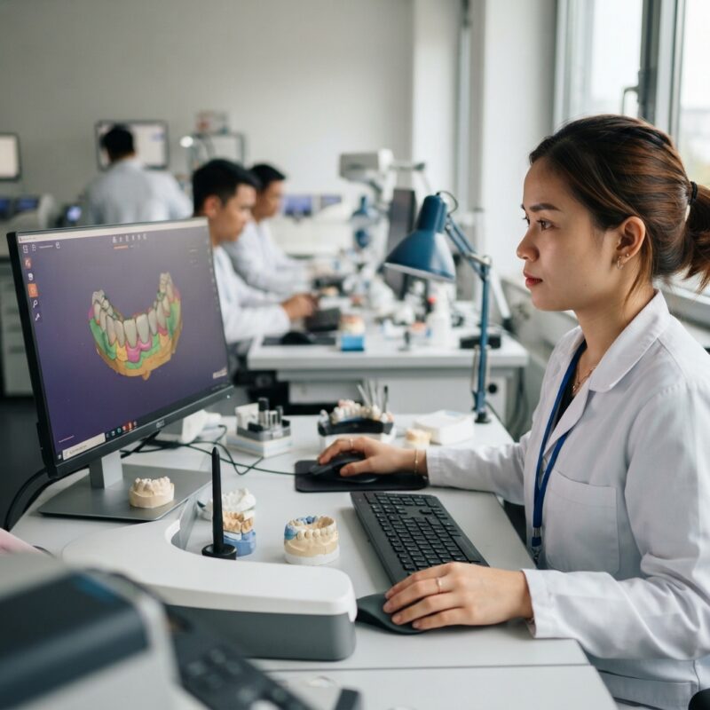 Dental technician designing a restoration in CAD software at a computer workstation - Continuing Education Requirements for Dentists in Germany 2026