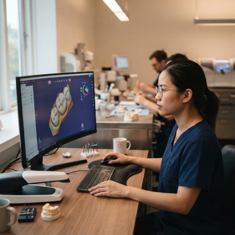 Dental technician designing a restoration in CAD software at a computer workstation - Continuing Education Requirements for Dentists in Denmark 2026