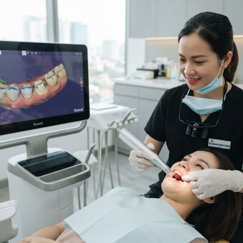 Dentist using an intraoral scanner with the 3D scan shown on a monitor - Common Scan Errors That Cause Crown Remakes and How to Avoid Them in 2026