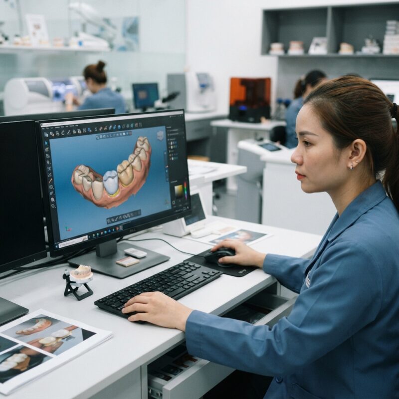 Dental technician designing a restoration in CAD software at a computer workstation - Photography and Records That Help a Design Lab Deliver Better Crowns 2026