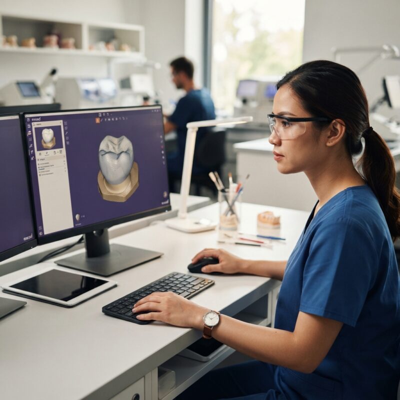 Dental technician designing a restoration in CAD software at a computer workstation - How to Write a Clear Lab Prescription for Digital Crown Cases 2026