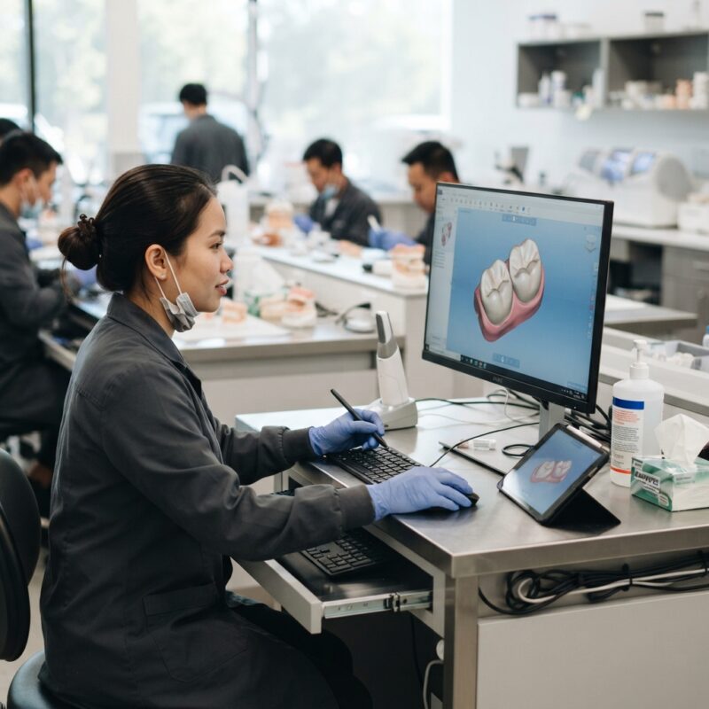 Dental technician designing a restoration in CAD software at a computer workstation - Infection Control and File Hygiene in a Digital Impression Workflow 2026