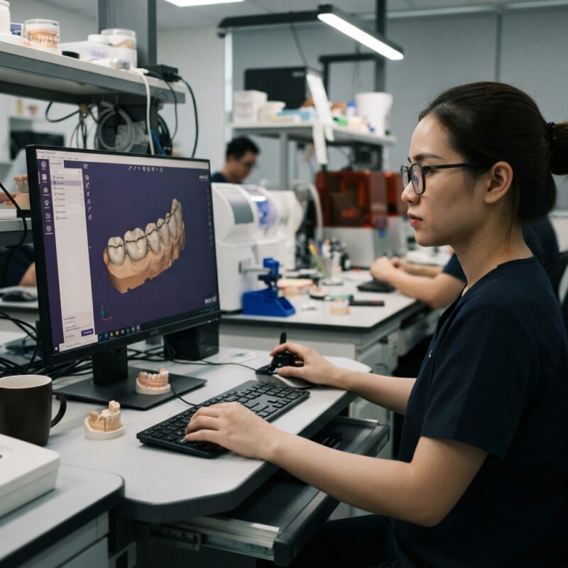 Dental technician designing a restoration in CAD software at a computer workstation - Prosthodontics Specialty Pathways Compared Across the US, UK and Australia 2026