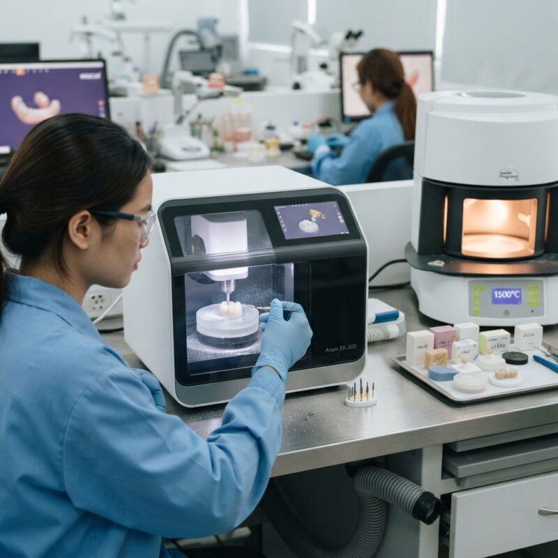 Dental milling machine cutting a zirconia crown in a dental laboratory - Tooth Preparation Guidelines for Monolithic Zirconia Crowns 2026