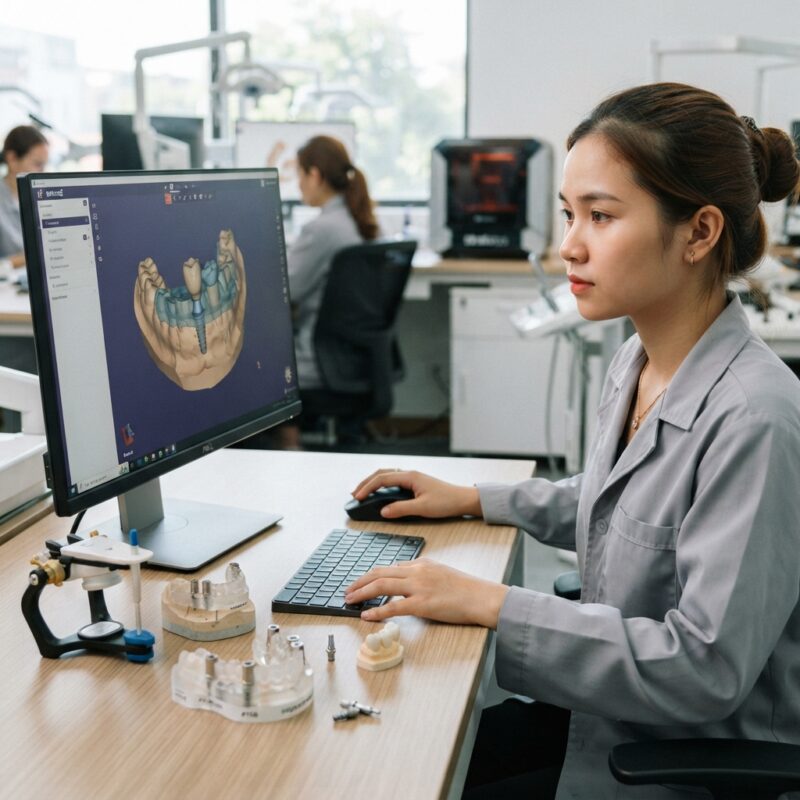 Implant and surgical guide design on screen with a printed guide on the desk - Digital Workflow for Single Implant Crowns from Scan to Delivery 2026
