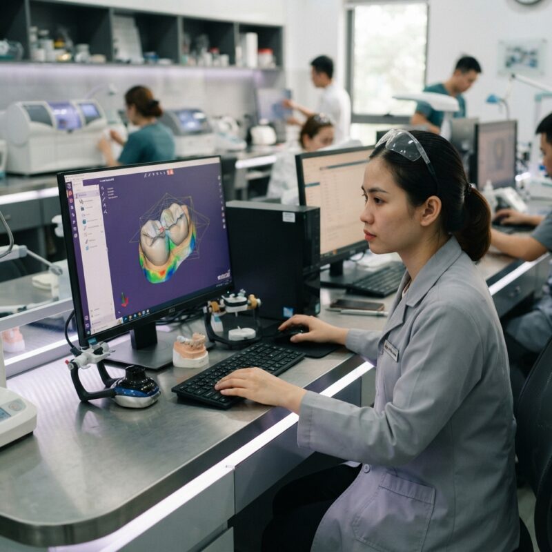 Dental technician designing a restoration in CAD software at a computer workstation - How Dentists Can Build Digital Skills While Running a Busy Practice 2026