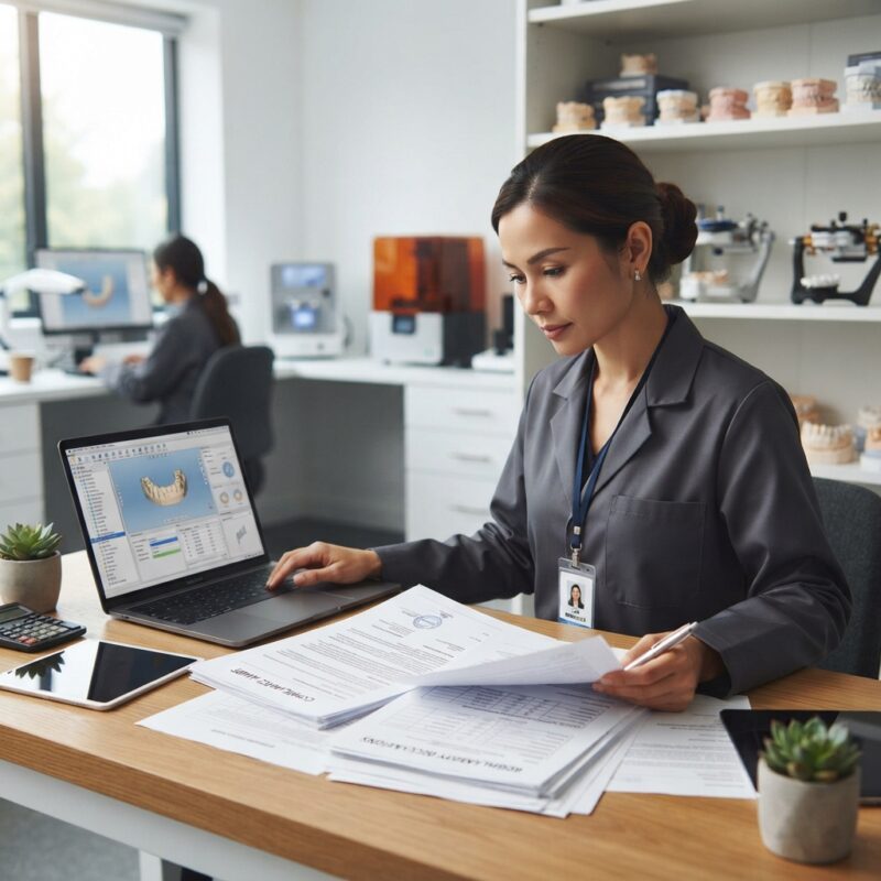 Dental lab manager reviewing compliance documents and invoices at a desk - Regulatory Requirements for Dentists Using Outsourced Design Services in the UK 2026
