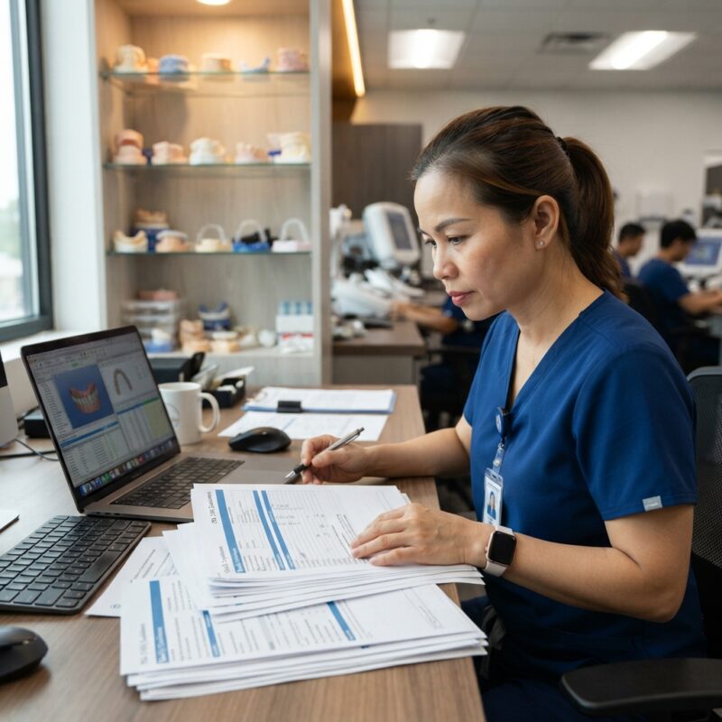 Dental lab manager reviewing compliance documents and invoices at a desk - Regulatory Requirements for Dentists Using Outsourced Design Services in the United States 2026
