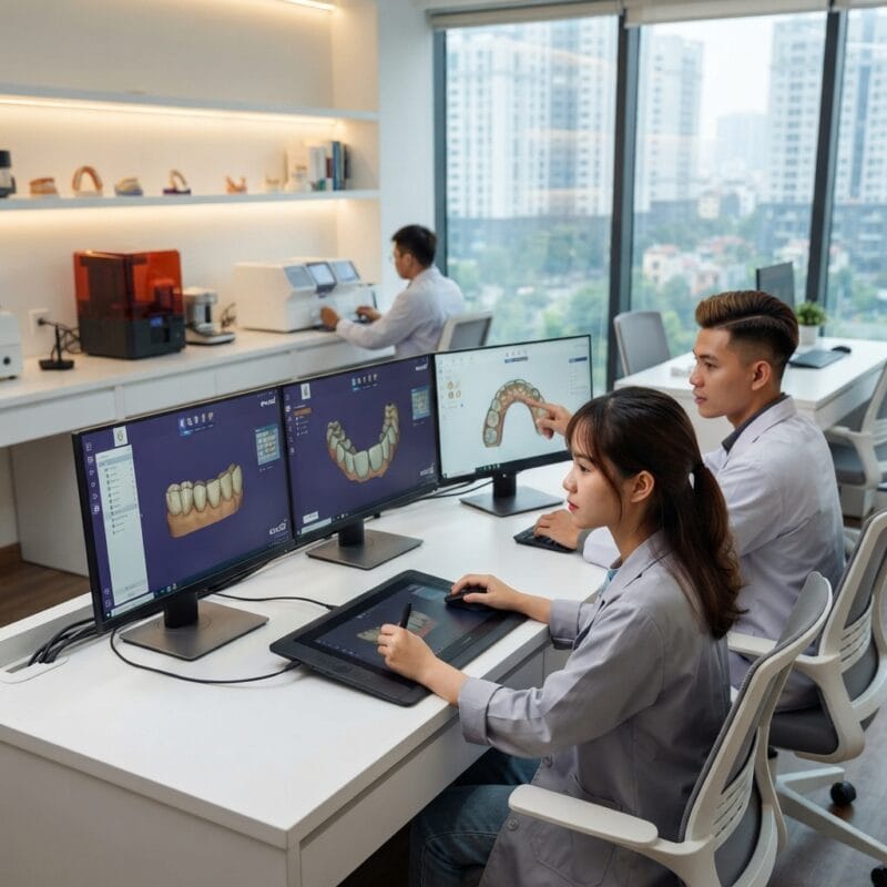 Dental technicians working on digital dental CAD designs in a modern lab - How US Dental Labs Cover the Technician Shortage with CAD Design Outsourcing in 2026