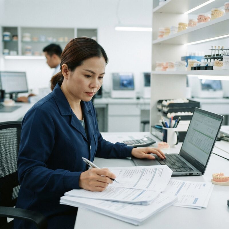Dental lab manager reviewing compliance documents and invoices at a desk - Regulatory Requirements for Dentists Using Outsourced Design Services in Australia 2026