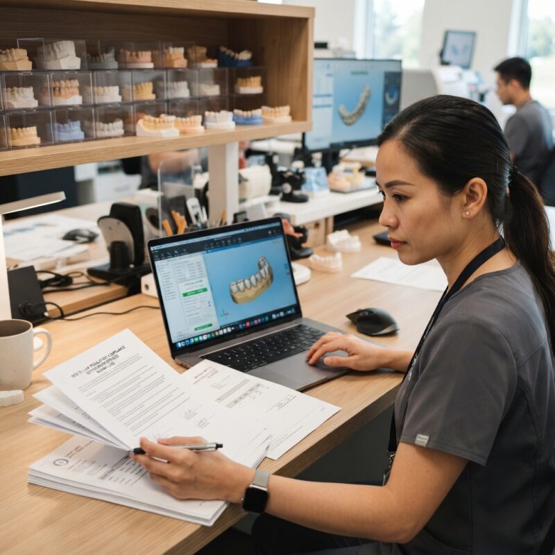 Dental lab manager reviewing compliance documents and invoices at a desk - Regulatory Requirements for Dentists Using Outsourced Design Services in Canada 2026