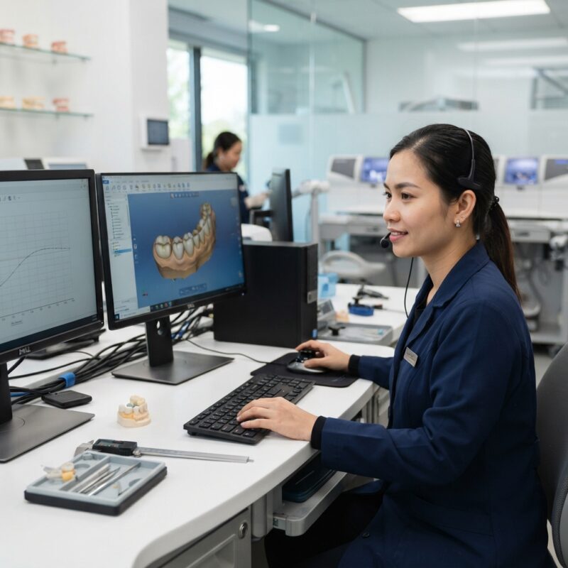 Dental technician designing a restoration in CAD software at a computer workstation - How to Document Dental Lab Work for Audits and Inspections in 2026