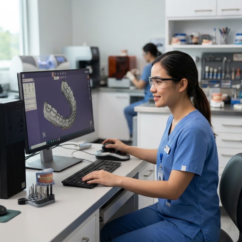 Dental technician designing a restoration in CAD software at a computer workstation - Digital Dentistry Market Report: Key Findings for Clinics in the United States 2026