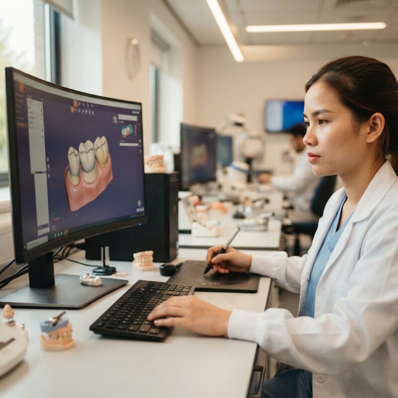 Dental technician designing a restoration in CAD software at a computer workstation - Digital Dentistry Adoption Survey Results Among Dentists in the United Kingdom 2026