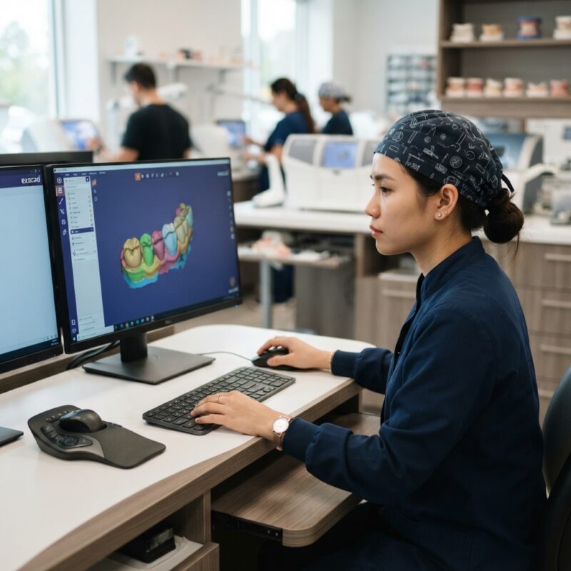 Dental technician designing a restoration in CAD software at a computer workstation - Dental Practice Trends Report for Canada: What Clinic Owners Should Know 2026