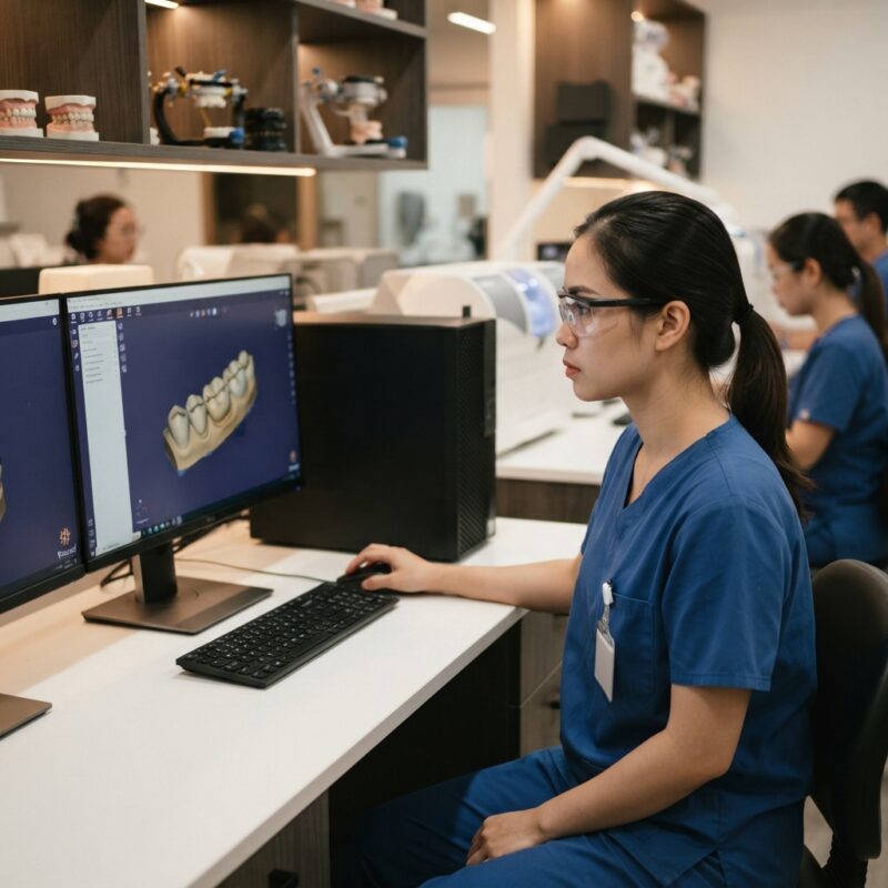 Dental technician designing a restoration in CAD software at a computer workstation - Australian dental workforce and practice report highlights for owners 2026