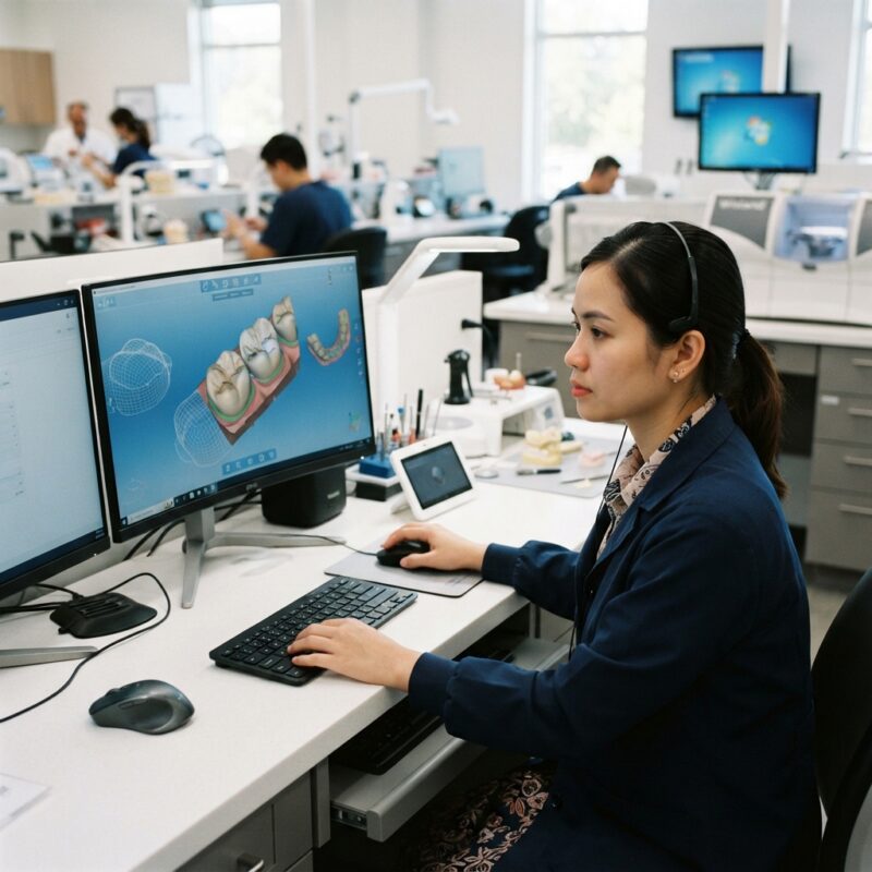 Dental technician designing a restoration in CAD software at a computer workstation - German dental market report highlights for practice owners 2026