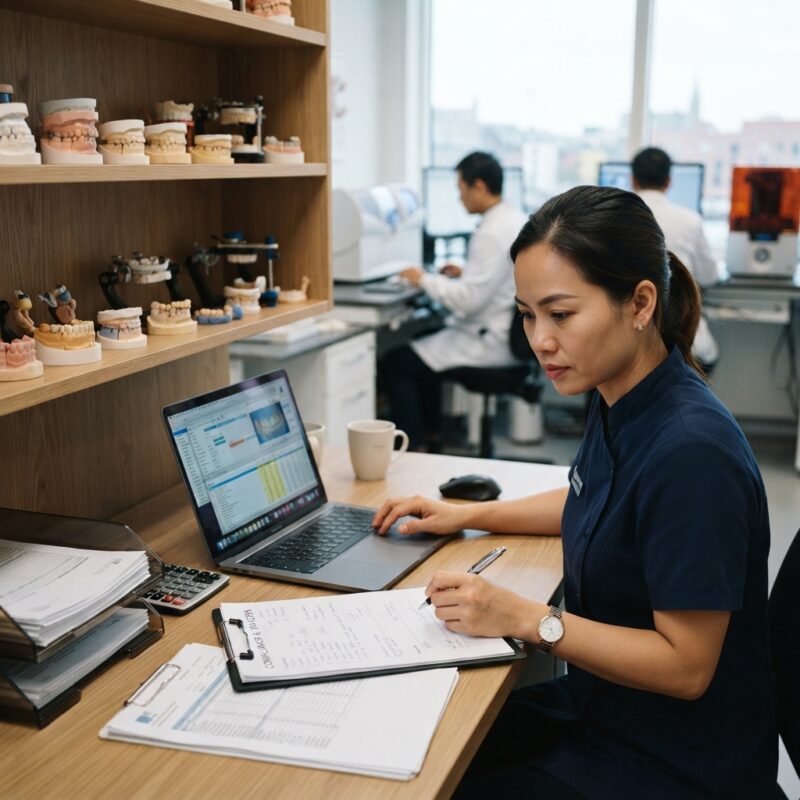 Dental lab manager reviewing compliance documents and invoices at a desk - Danish dental care system overview for private clinics 2026