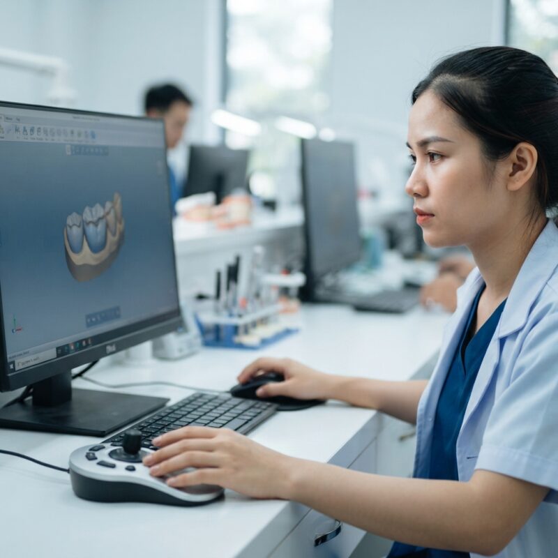 Dental technician designing a restoration in CAD software at a computer workstation - French dental practice landscape and digital adoption report 2026