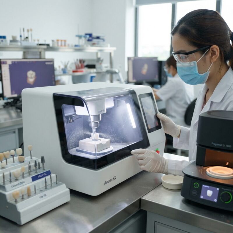 Dental milling machine cutting a zirconia crown in a dental laboratory - Systematic Review Summary: Survival Rates of Monolithic Zirconia Crowns 2026