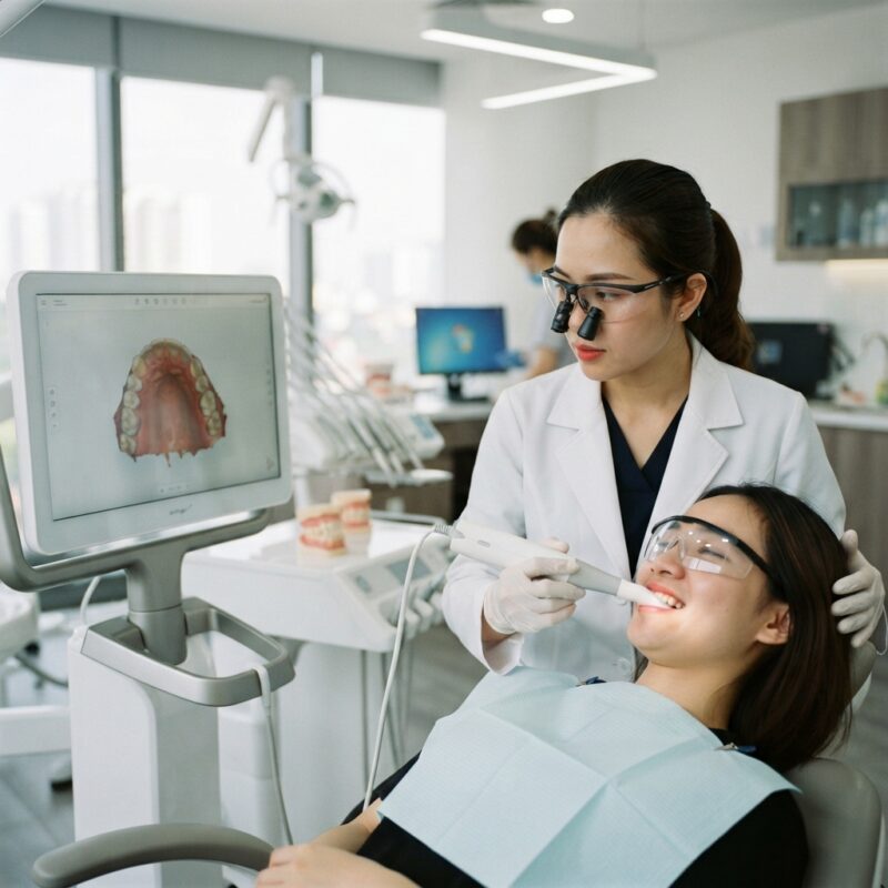 Dentist using an intraoral scanner with the 3D scan shown on a monitor - Research Summary: Accuracy of Intraoral Scanners Versus Conventional Impressions 2026