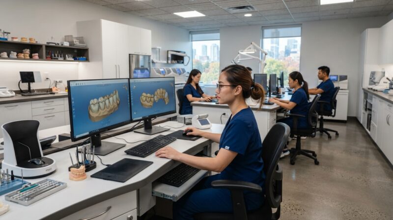 Dental technician designing a restoration in CAD software at a computer workstation - Continuing Education Requirements for Dentists in Canada 2026