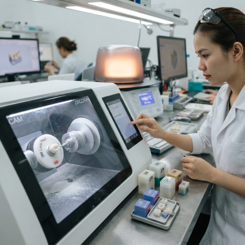 Dental milling machine cutting a zirconia crown in a dental laboratory - Evidence Summary: Lithium Disilicate Versus Zirconia for Single Crowns 2026