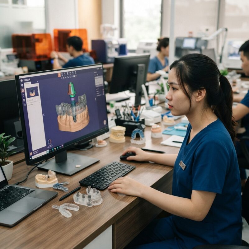 Implant and surgical guide design on screen with a printed guide on the desk - Research Review: Digital Versus Conventional Workflows for Implant Restorations 2026