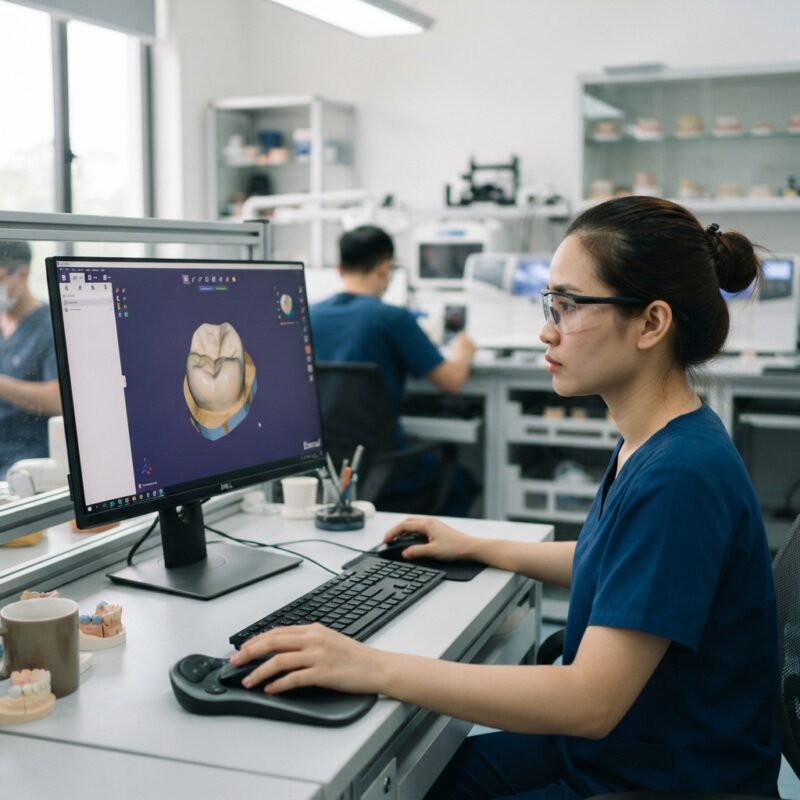 Dental technician designing a restoration in CAD software at a computer workstation - Study Findings on Remake Rates in Digital versus Analog Dental Workflows 2026