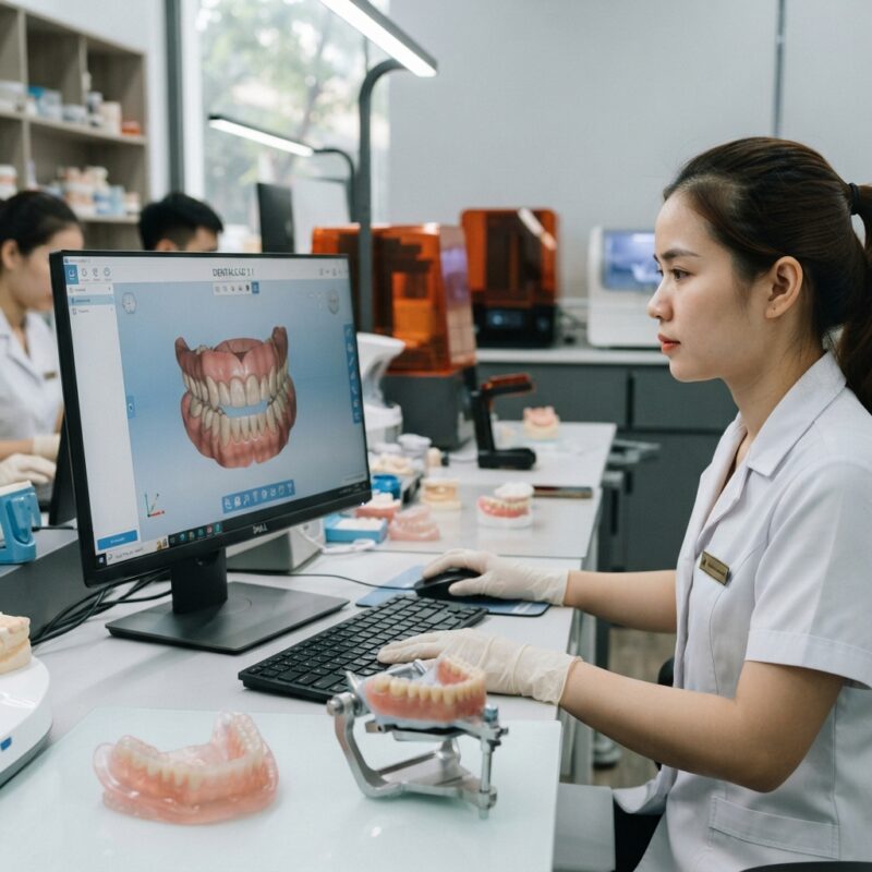 Digital denture design on screen with a printed denture base on the desk - Research Update on Digital Complete Dentures: Retention and Patient Satisfaction 2026