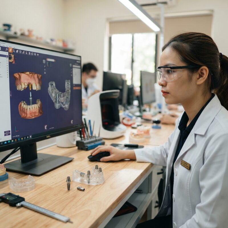 Implant and surgical guide design on screen with a printed guide on the desk - Clinical Research on Guided Implant Surgery Accuracy in 2026
