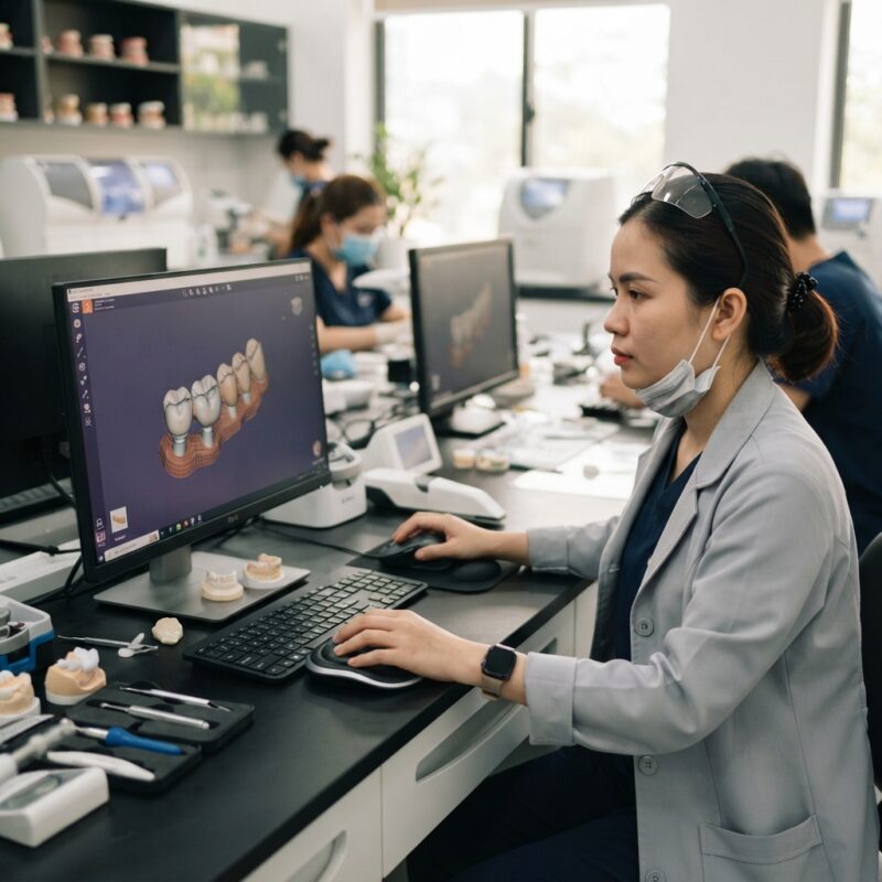 Dental technician designing a restoration in CAD software at a computer workstation - Report on Dental Labs Outsourcing Trends Reported by Clinics in 2026
