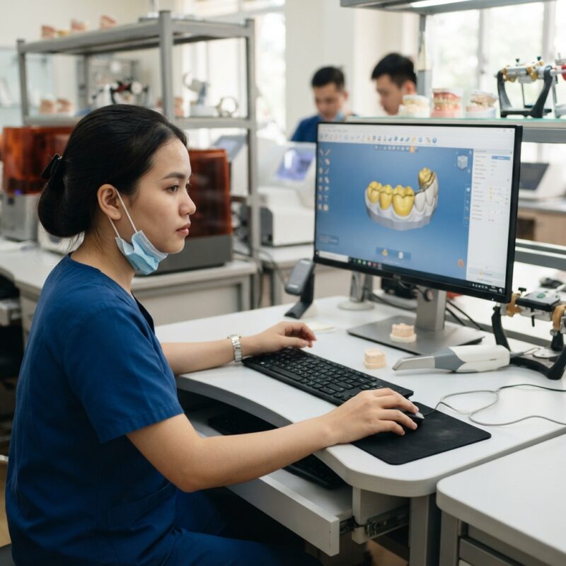 Dental technician designing a restoration in CAD software at a computer workstation - Industry Report: DSO Growth and What It Means for Independent Dentists in 2026