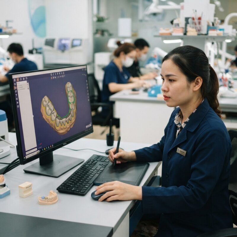 Dental technician designing a restoration in CAD software at a computer workstation - Survey of Dentist Attitudes to AI in Dental Design and Diagnostics 2026