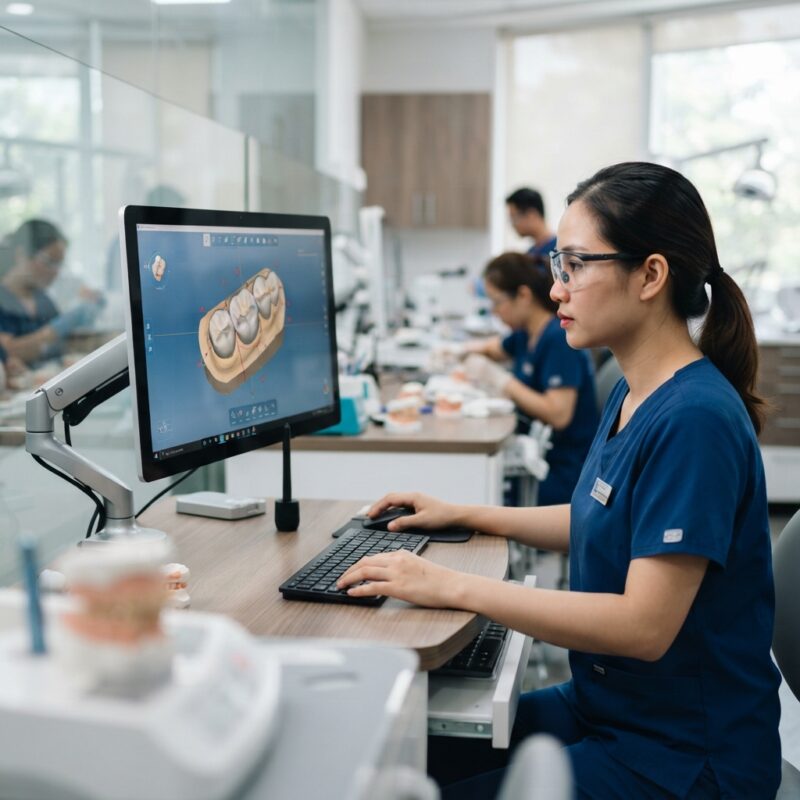 Dental technician designing a restoration in CAD software at a computer workstation - How to Read a Dental Clinical Study: A Practical Guide for Busy Dentists 2026