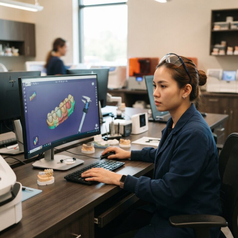 Dental technician designing a restoration in CAD software at a computer workstation - Top Peer-Reviewed Journals Dentists Use to Follow Digital Dentistry Research in 2026