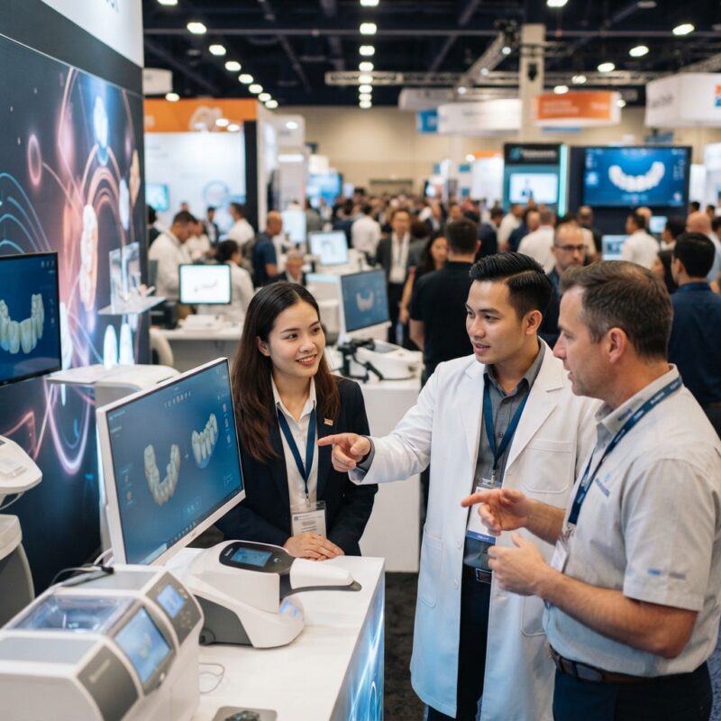 Visitors at a dental trade show exhibition hall with digital dentistry booths - Key Dental Conferences and Congresses for Digital Dentistry in 2026