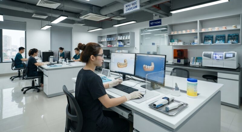 Dental technician designing a restoration in CAD software at a computer workstation - Infection Control and File Hygiene in a Digital Impression Workflow 2026