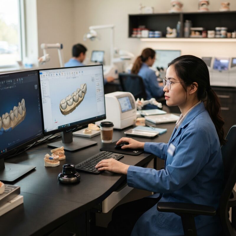 Dental technician designing a restoration in CAD software at a computer workstation - How to Automate Dental Case Submission from Lab Software 2026