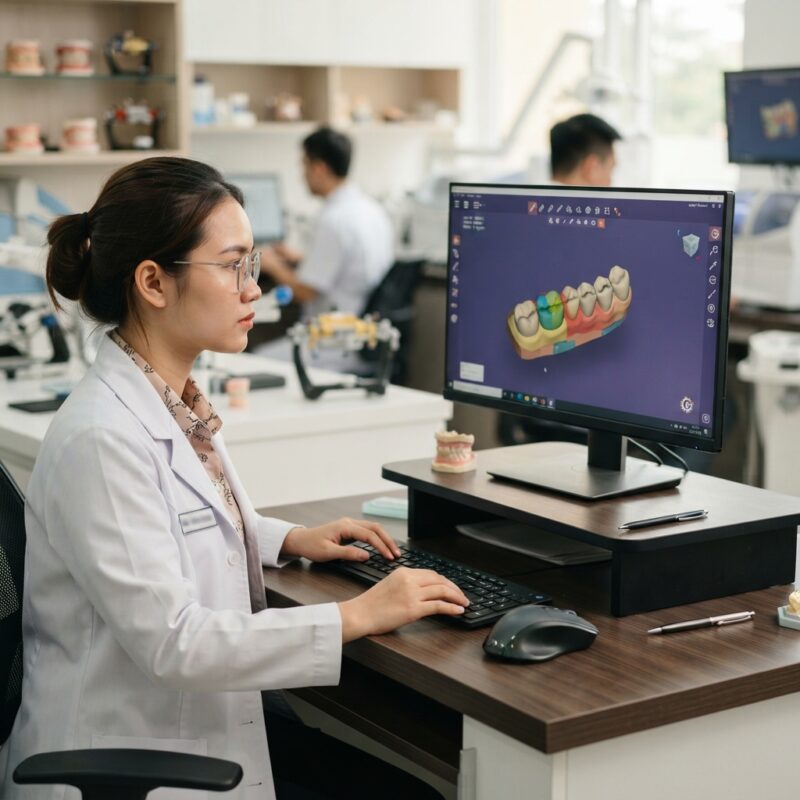 Dental technician designing a restoration in CAD software at a computer workstation - Webhook Status Updates for Dental Lab Cases 2026