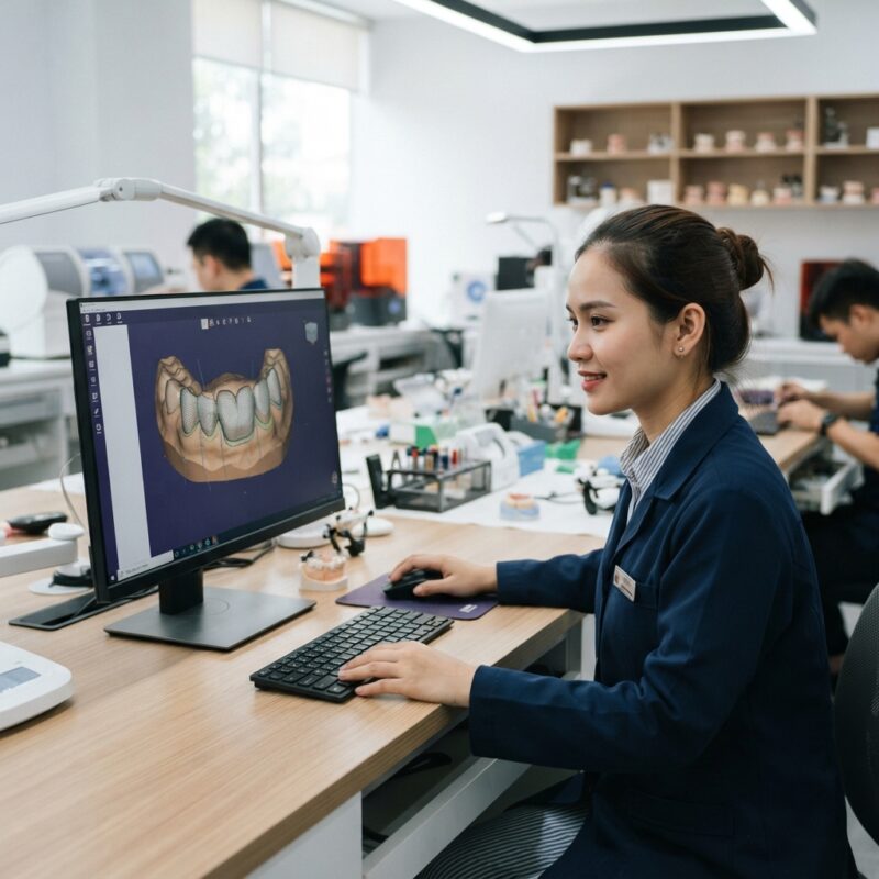 Dental technician designing a restoration in CAD software at a computer workstation - US Dental Laboratory Industry Market Report & Growth Trends 2026