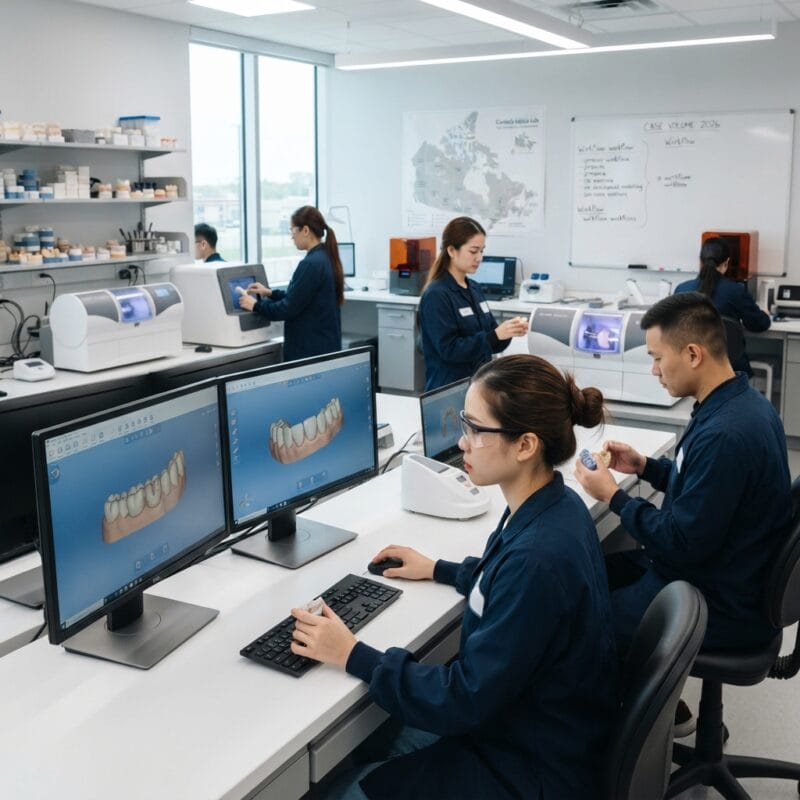 Dental technicians working on digital dental CAD designs in a modern lab - Dental Technician Shortage in Canada: How Labs Keep Up with Case Volume in 2026