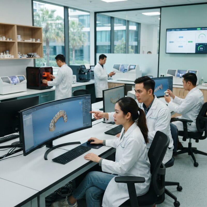 Dental technicians working on digital dental CAD designs in a modern lab - How Australian Dental Labs Cut Turnaround Times During the Technician Shortage in 2026