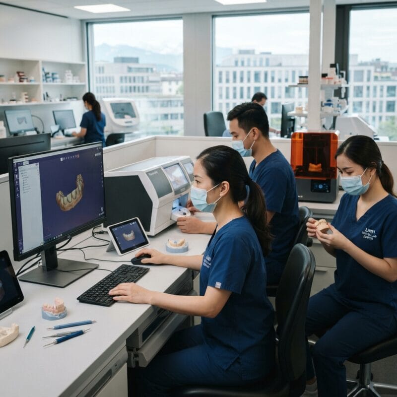 Dental technicians working on digital dental CAD designs in a modern lab - Dental technician shortage in Switzerland and Austria: solutions for dental labs in 2026
