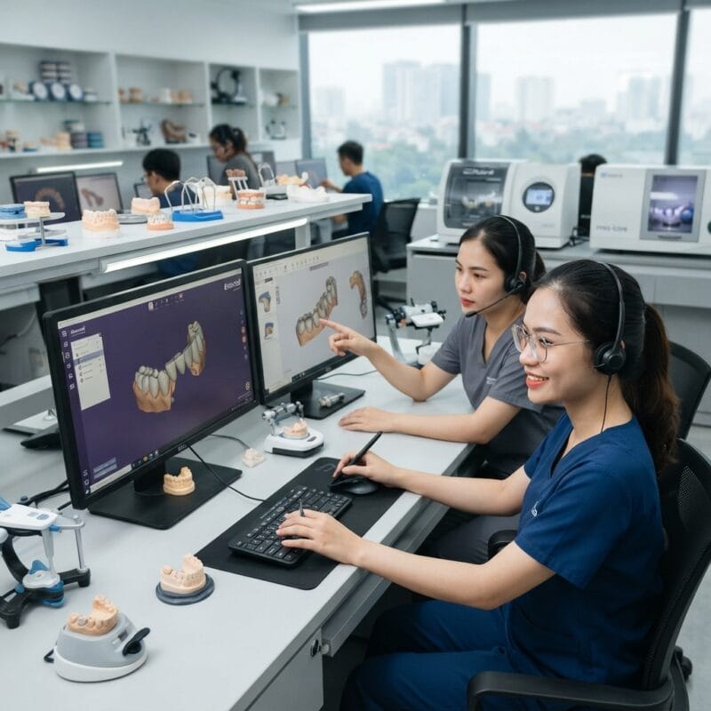 Dental technicians working on digital dental CAD designs in a modern lab - Dental Technician Shortage in Spain and Italy: Solutions for Dental Labs in 2026