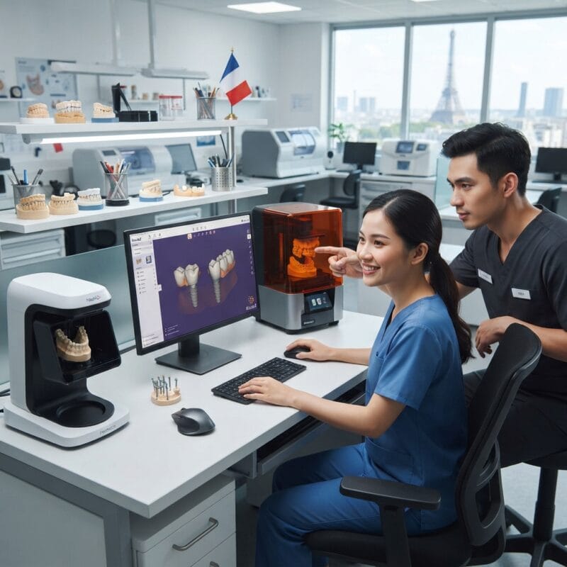 Dental technicians working on digital dental CAD designs in a modern lab - Dental Technician Shortage in France: Solutions for Dental Labs in 2026