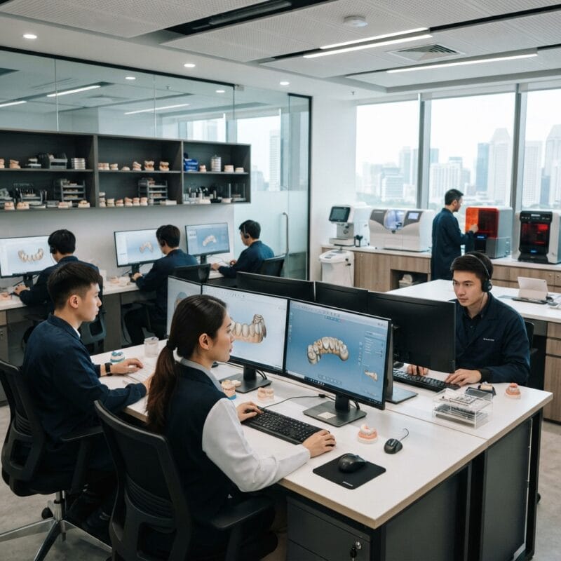 Dental technicians working on digital dental CAD designs in a modern lab - Dental Technician Shortage in Singapore: How Labs Scale Design Capacity in 2026