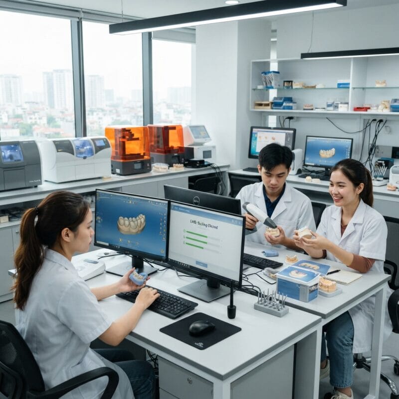 Dental technicians working on digital dental CAD designs in a modern lab - How to Clear Case Backlogs When Your Dental Lab Is Short-Staffed in 2026