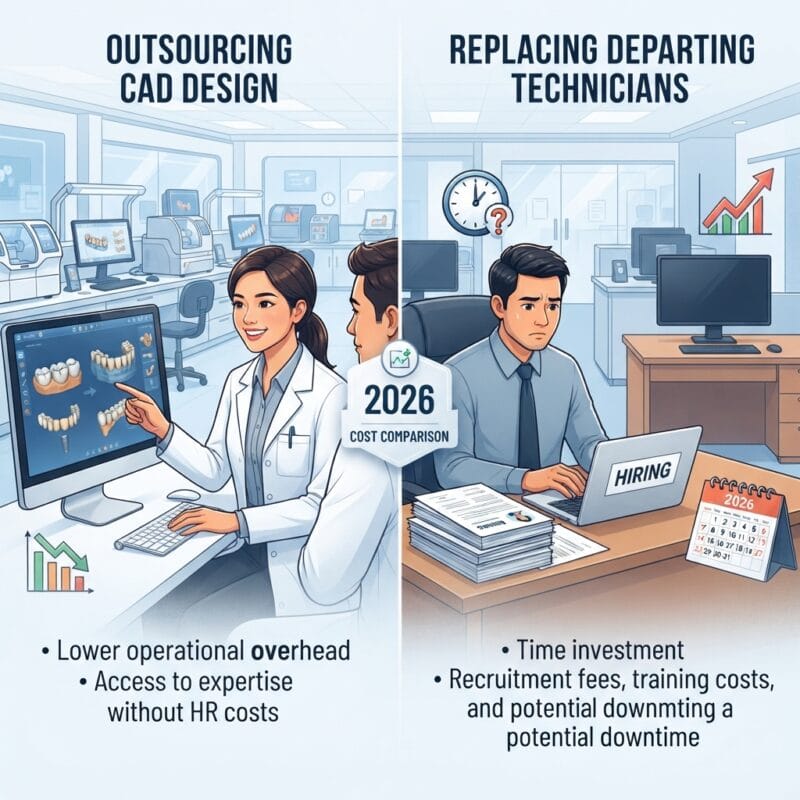 Dental technicians working on digital dental CAD designs in a modern lab - Outsourcing CAD Design vs Replacing Departing Technicians: A Cost Comparison for Dental Labs in 2026