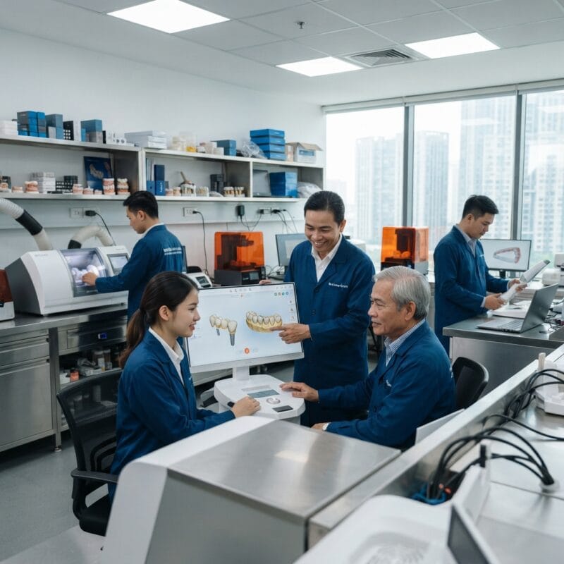 Dental technicians working on digital dental CAD designs in a modern lab - How DSOs and Group Practices Cover Dental Lab Capacity Gaps in 2026
